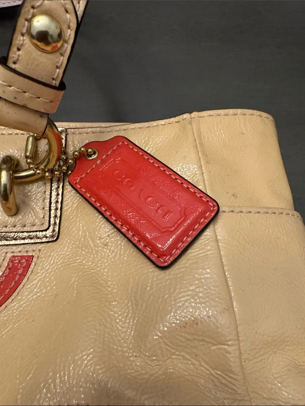 Coach Beige Leather Patchwork Tote with Coral and Tan Accents